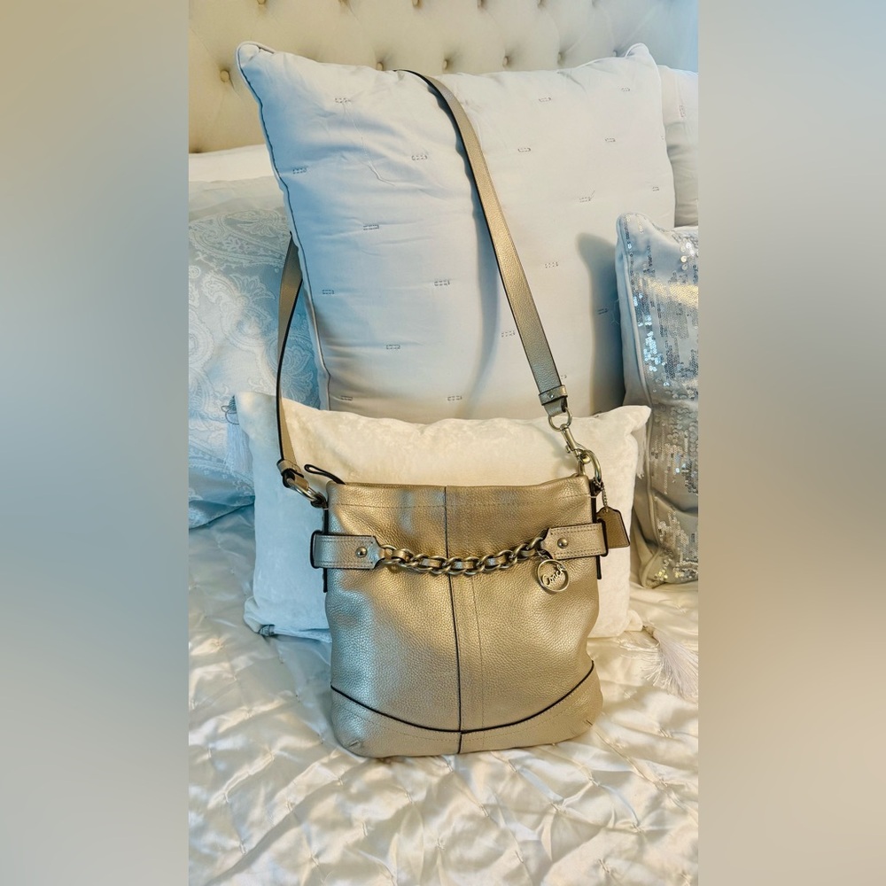 Coach Metallic Leather Shoulder Bag with Chain Detail - Picture 2 of 14